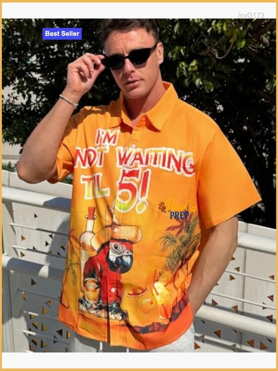 Men's Regular Fit Button Down Shirt Short Sleeve Polyester Tropical Party - Picture 2 of 6